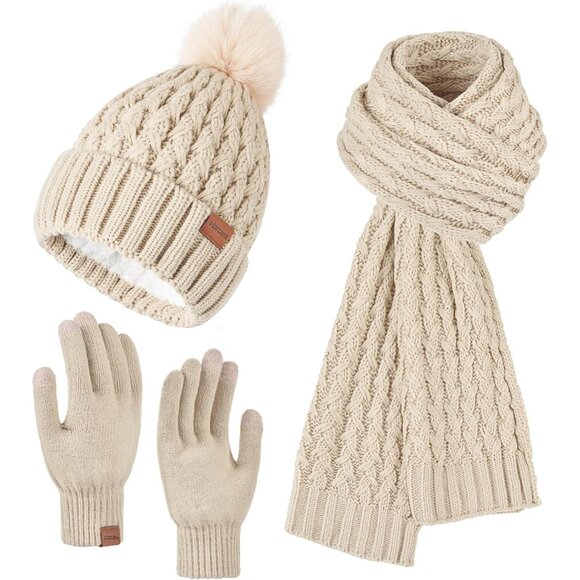 Accessories - Women's Winter Knit Set Beanie Scarf Gloves Fleece Lined Warm Cozy